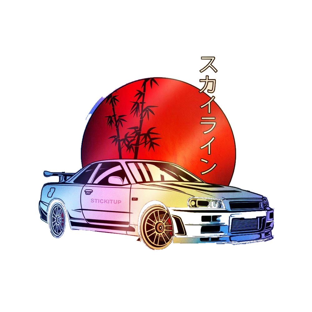 White Sports Car Red Sun Holographic Stickers